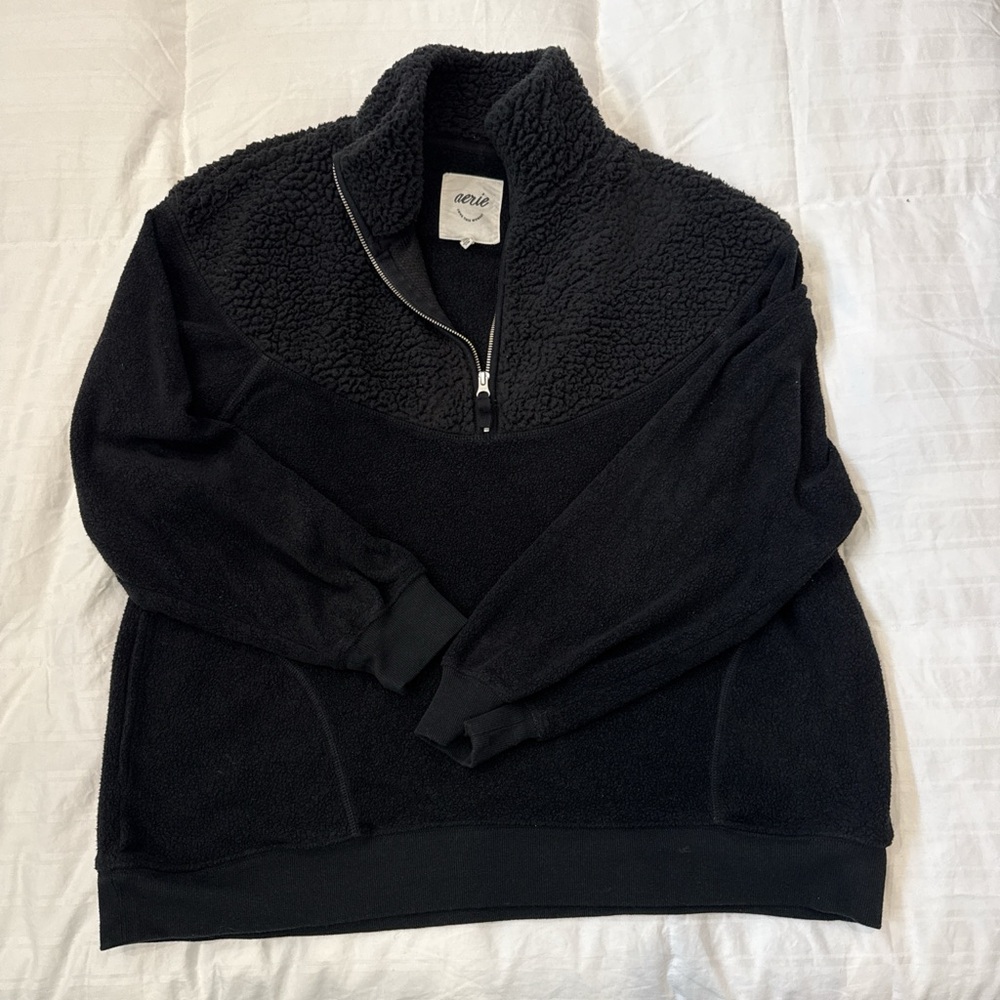 Aerie Black Sherpa Quarter-Zip Pullover